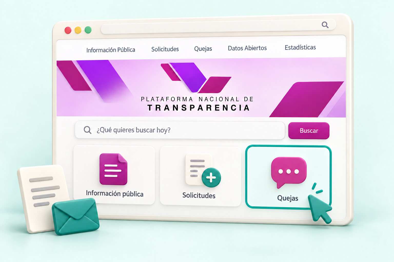 Representación ilustrada del inicio de la PNT con el apartado Quejas destacado.
